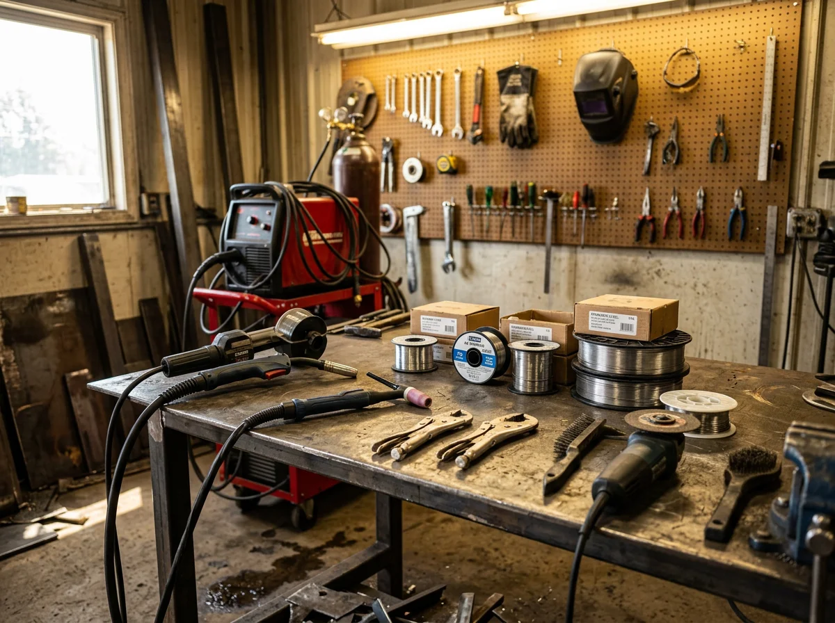 Welding equipment and metal fabrication tools arranged on a shop workbench, ready for mobile service calls.