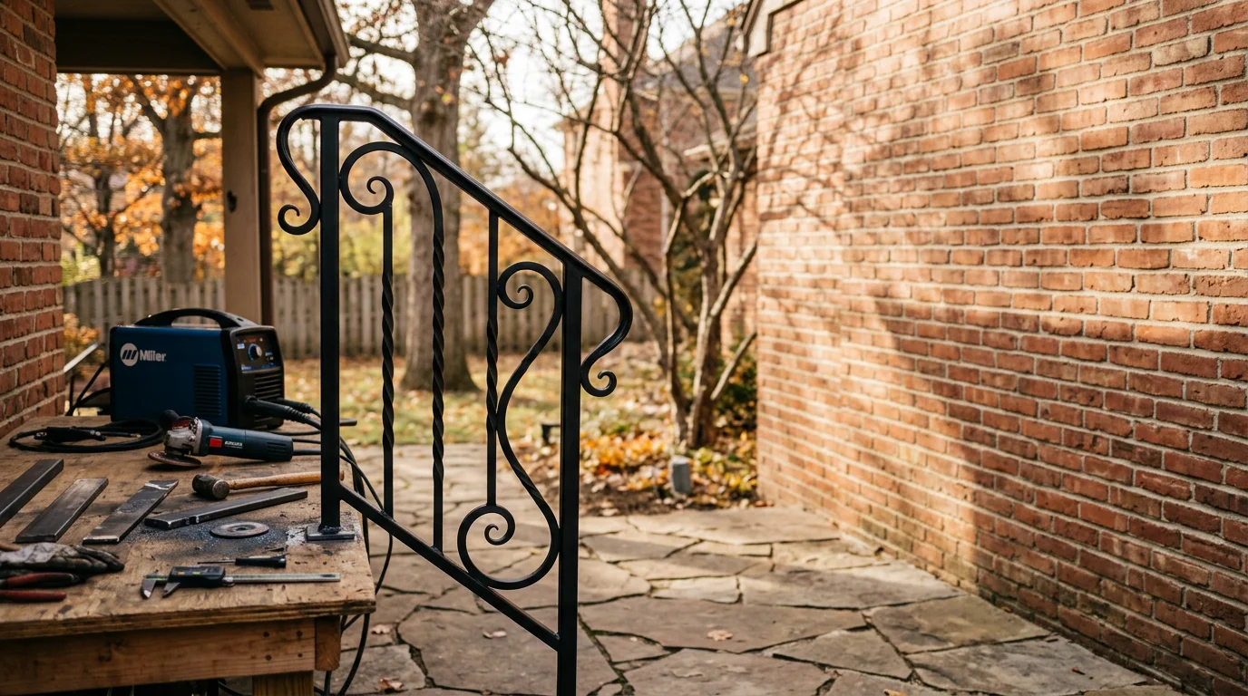 Custom metal handrail installed on residential deck