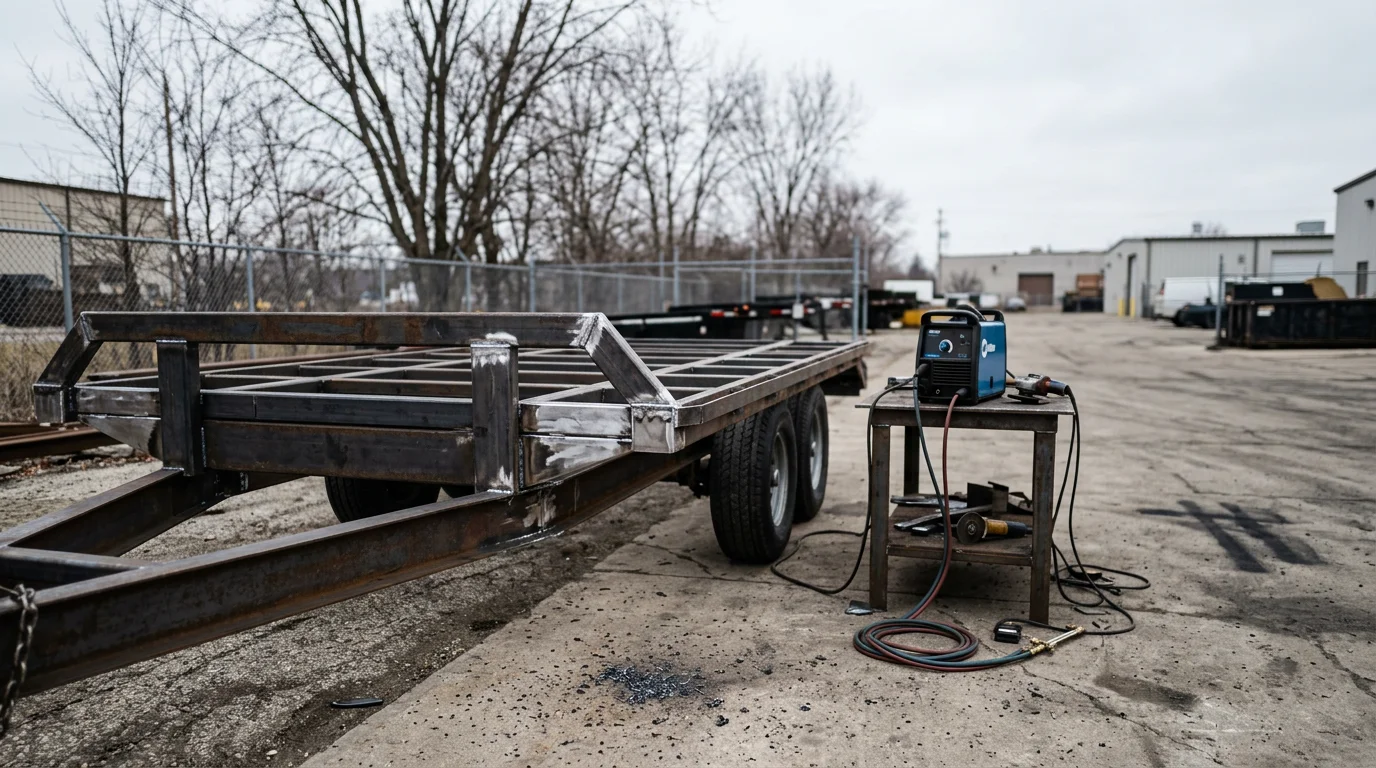 Heavy equipment trailer undergoing structural welding repair
