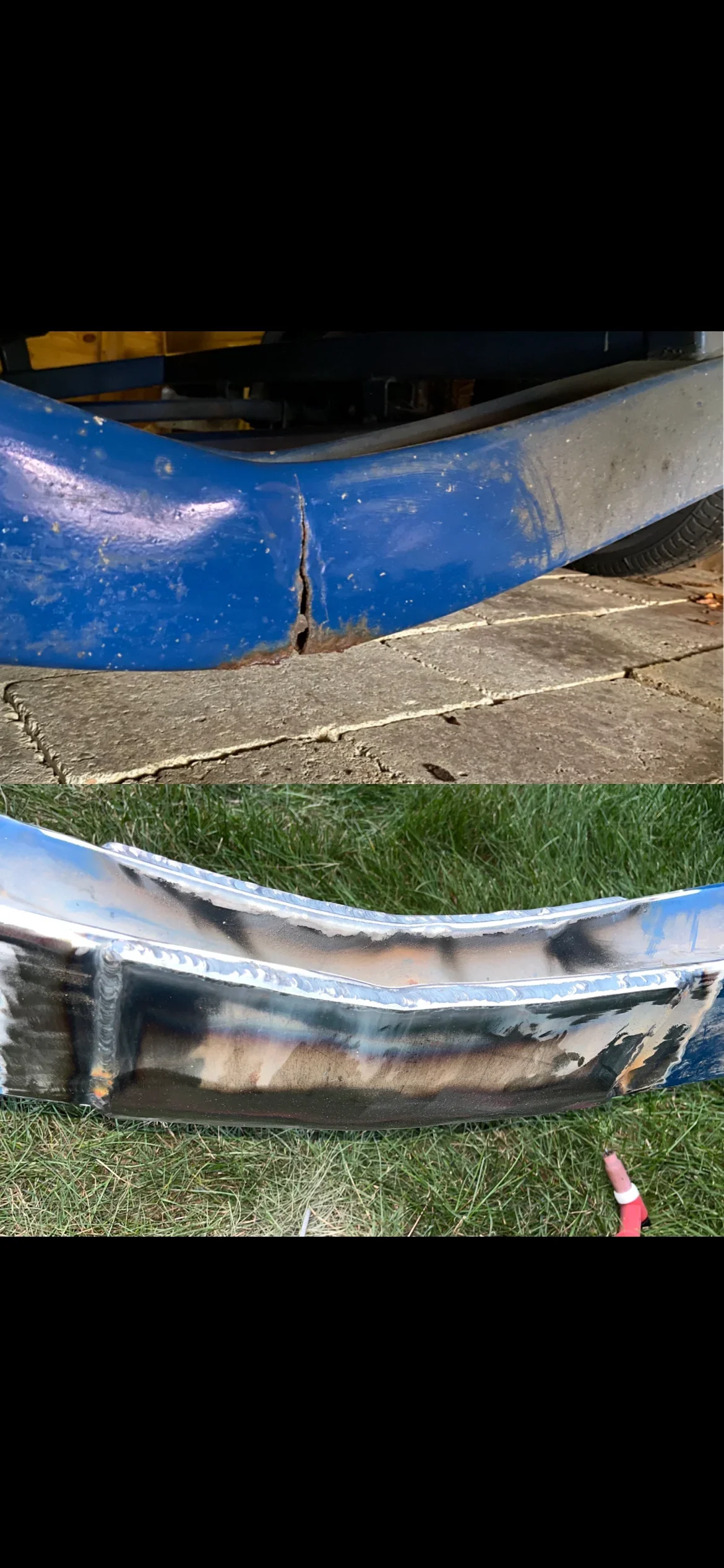 Before and after aluminum boat trailer bumper restoration showing rust removal and chrome refinishing