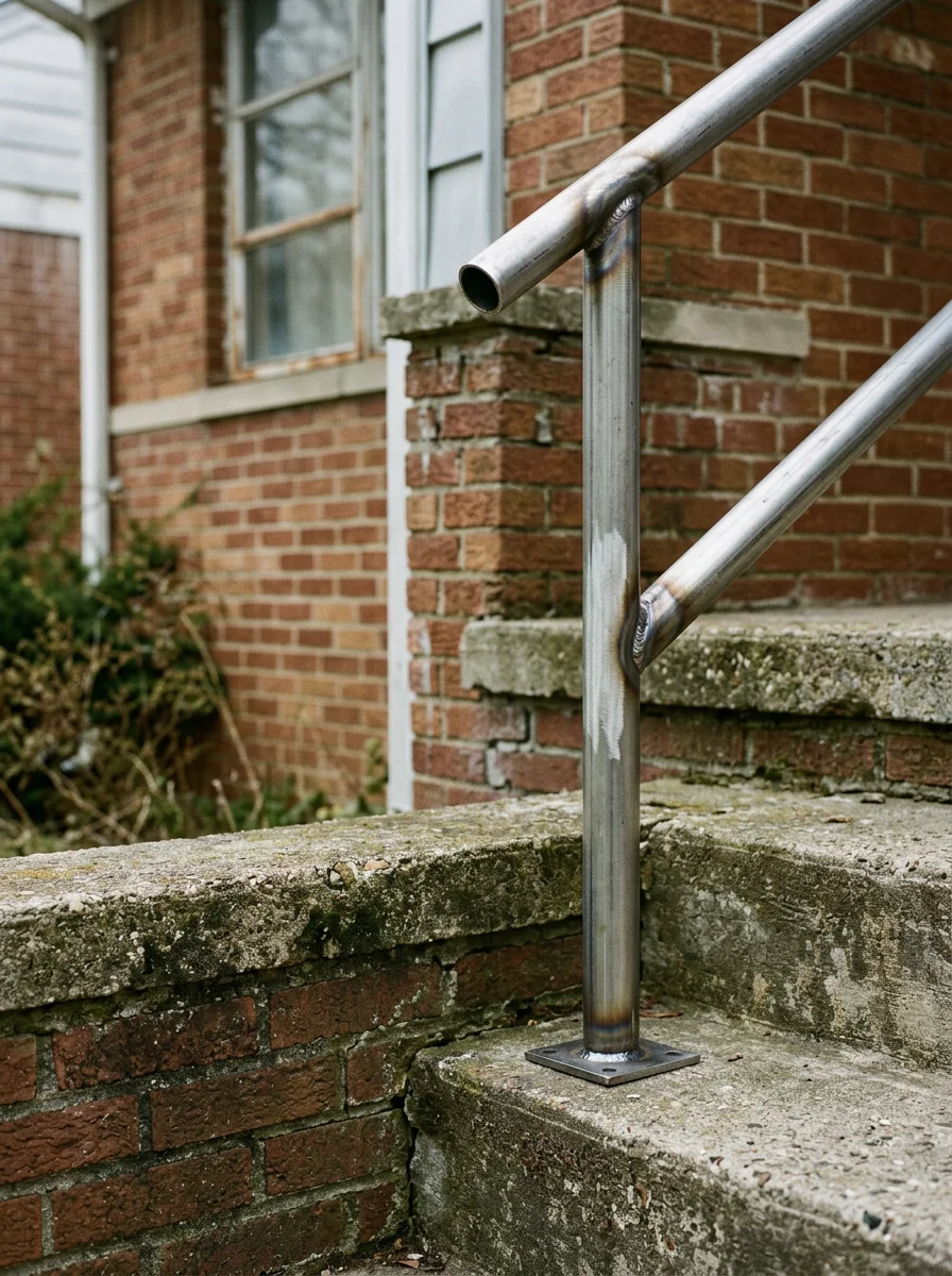 A custom-fabricated steel handrail with ground and finished welds, installed on the front entry steps of a mid-century home in the Flint, Michigan area.