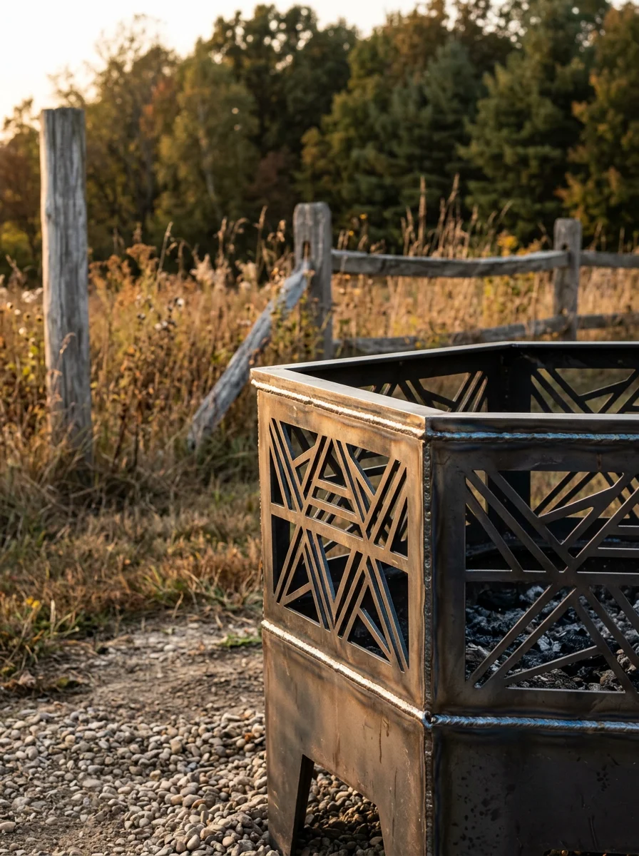 A finished custom steel fire pit with plasma-cut panels and smooth ground welds, sitting on a rural residential property near Mason, Michigan.