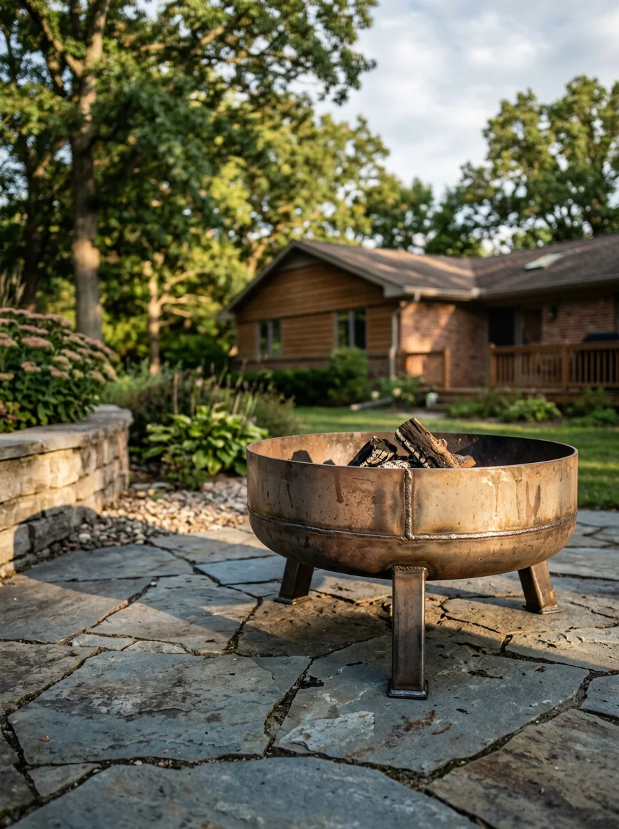 A finished custom steel fire pit with smooth welded seams, fabricated for a residential property in Livingston County, Michigan.