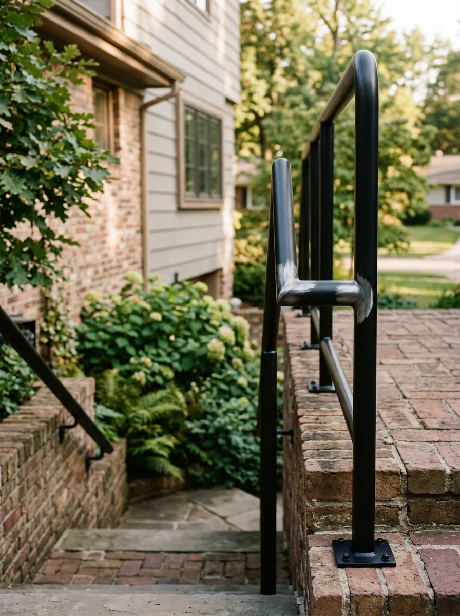 A set of custom-fabricated steel handrails with smooth welded joints, installed on the exterior staircase of a mid-century home in Oakland County.