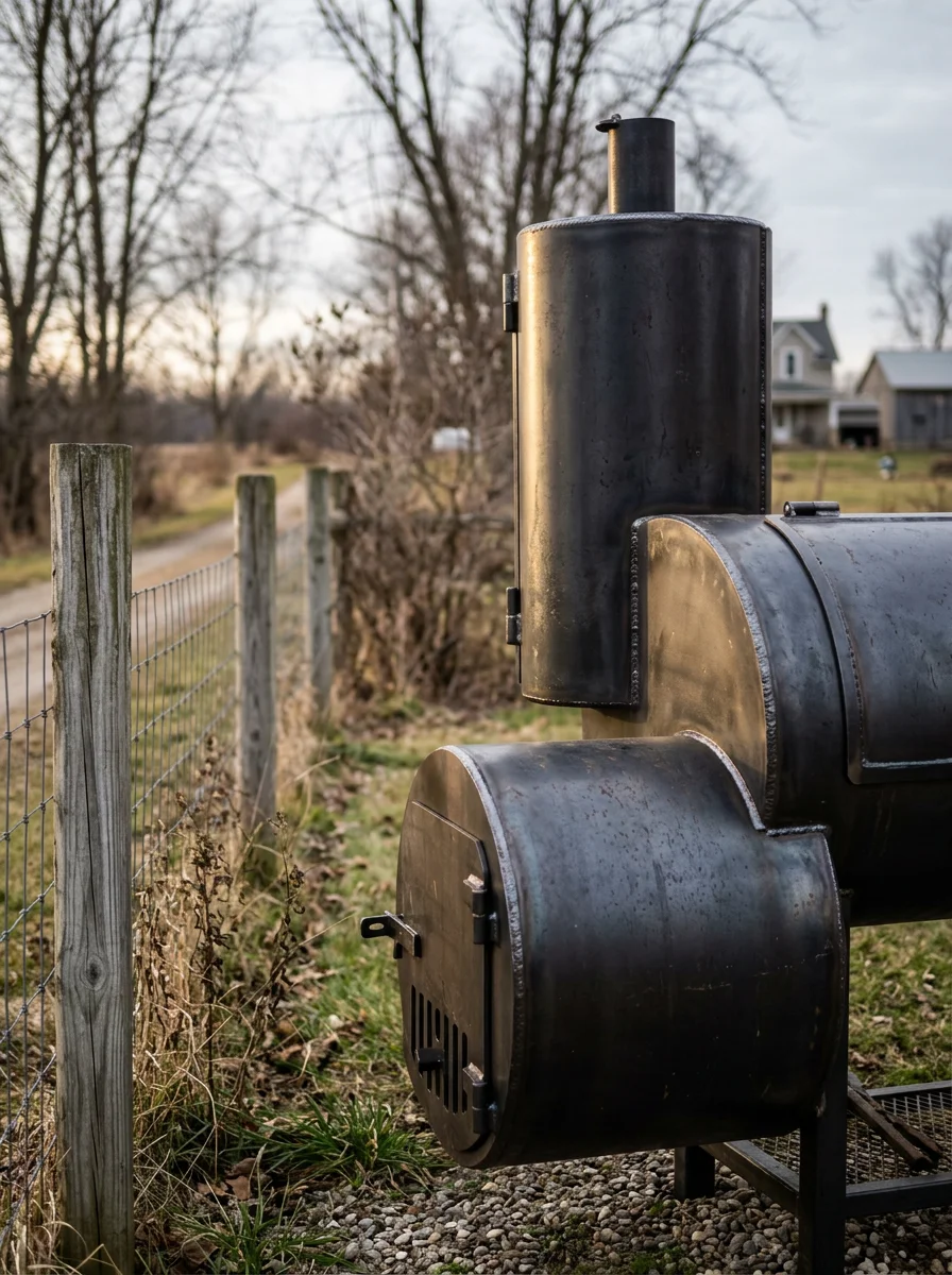 A heavy-duty steel smoker fabricated from thick plate steel, finished with smooth welds, sitting on a rural residential property in Shiawassee County.
