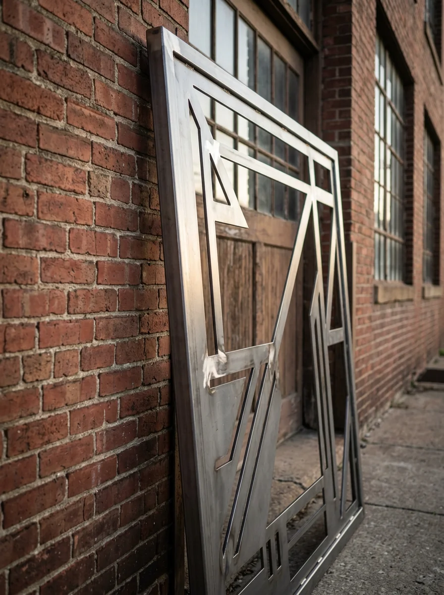 A custom plasma-cut and welded steel gate panel with smooth ground welds, fabricated for a residential property in Washtenaw County, Michigan.
