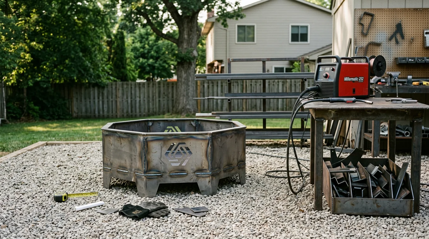 A custom fabricated metal fire pit in a residential backyard in Livingston County, Michigan, showing hand-welded steel construction and a clean finished exterior. The fire pit sits on a patio surface with a lit fire inside, set against a typical Michigan suburban yard.