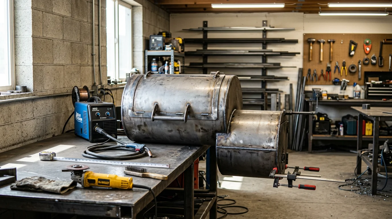A custom-fabricated steel offset smoker built by Glowelding LLC, shown with a welded firebox and cook chamber on a residential property in Livingston County, Michigan. The smoker features clean weld seams along the chamber joints and an adjustable exhaust stack.