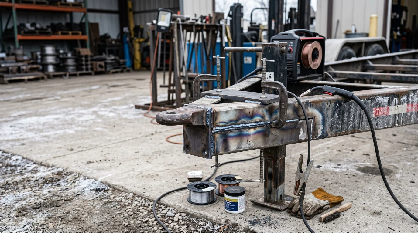 A welder repairing a cracked trailer frame on a work site in Livingston County, Michigan. Close-up of a fresh weld bead on a heavy equipment coupler showing completed structural repair.