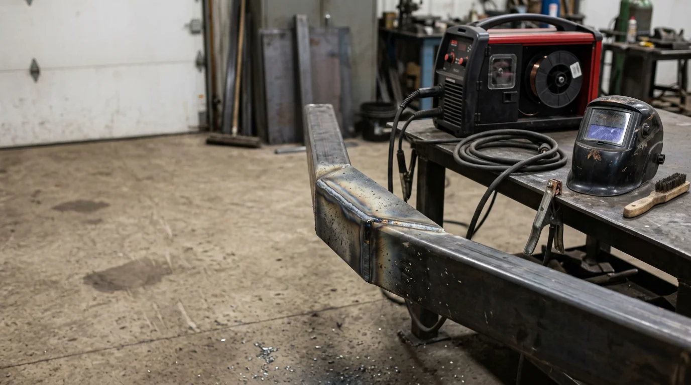 A welder performing an emergency weld repair on a cracked steel trailer frame at a work site in Livingston County, Michigan. Bright weld arc light illuminates the repair area with the rural Michigan landscape visible in the background.