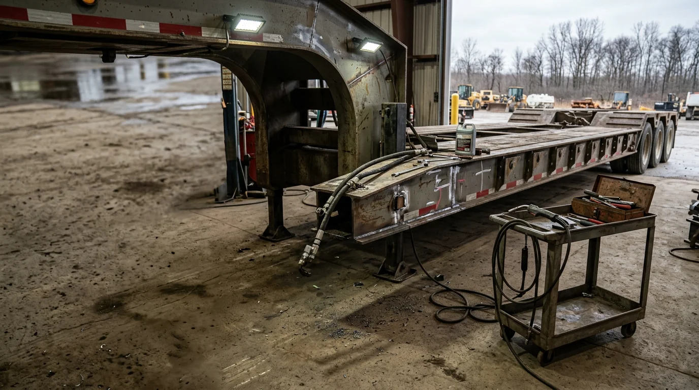 A heavy equipment machine undergoing structural and mechanical repair at a Livingston County, Michigan work site. A technician inspects the equipment frame and hydraulic components in a professional repair setting.