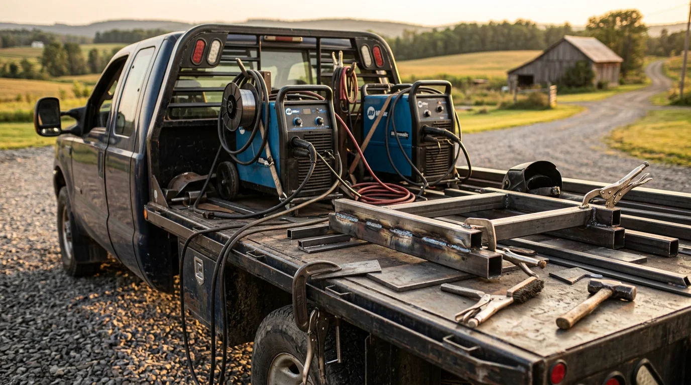A welder working on a metal trailer frame repair at an outdoor job site in Livingston County, Michigan. Sparks are visible as the weld is applied to a cracked structural joint on the trailer.