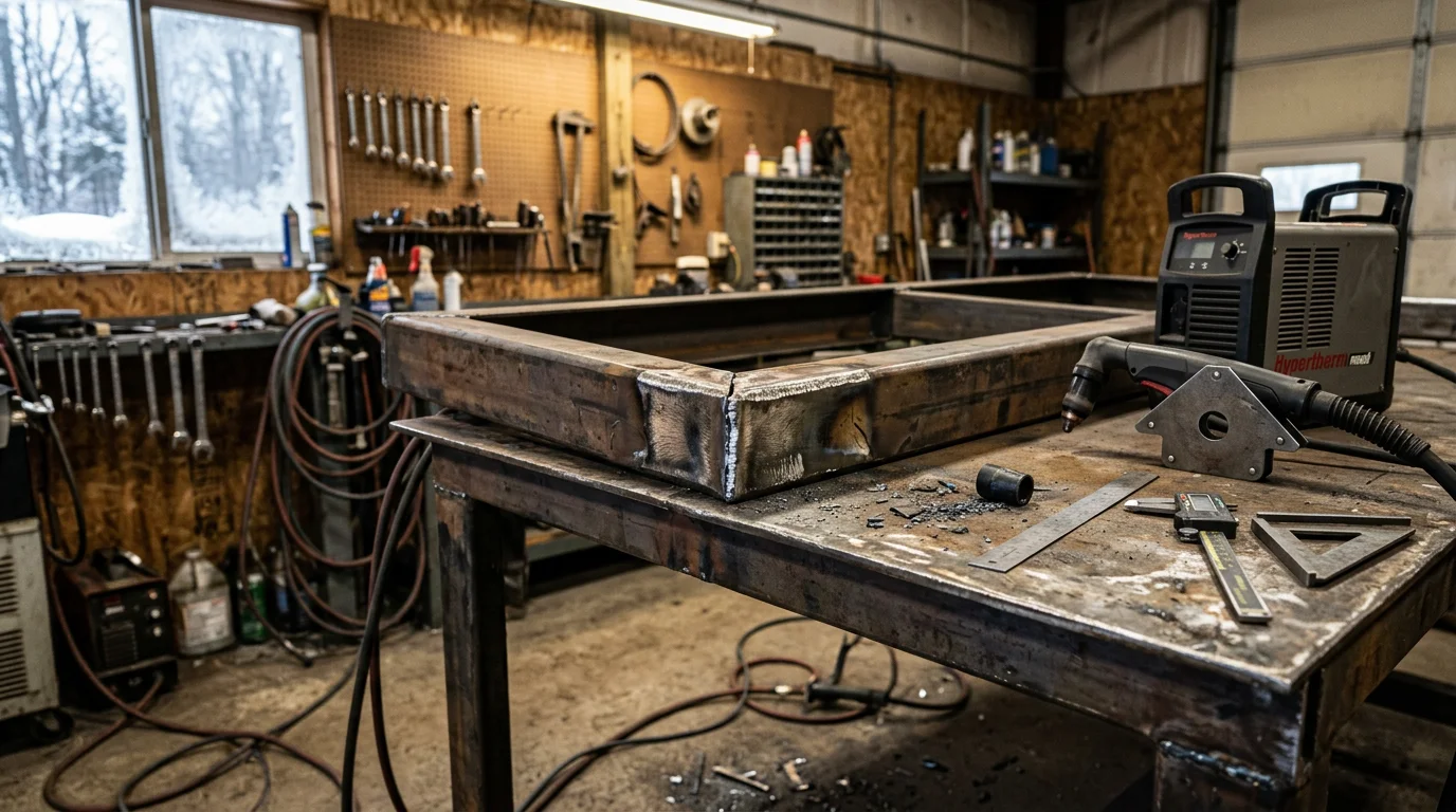 A plasma cutter making a precise cut through a steel trailer frame section in a Michigan repair shop. Metal sparks fall away from a clean cut line on a heavy-gauge frame rail.