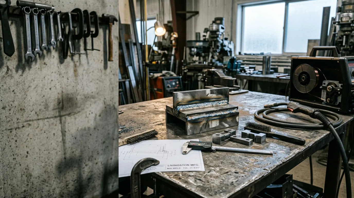 A welder performing a specialty weld on a complex metal joint at a job site in Livingston County, Michigan. Close-up view shows precise bead placement on a fabricated steel component.