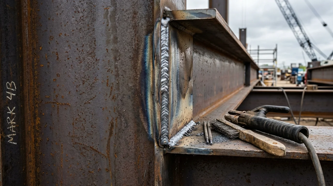 A welder performing stick welding on a structural steel beam at an outdoor job site in Livingston County, Michigan. Bright arc light and heavy steel framing are visible in a field setting under overcast Michigan skies.