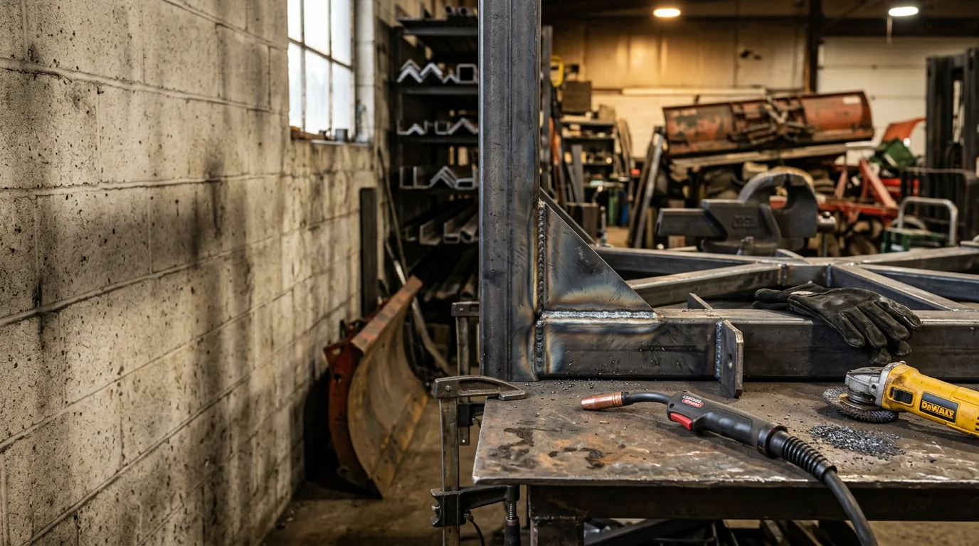 A welder applying structural welds to a cracked trailer frame crossmember at a repair shop in Livingston County, Michigan. Sparks and a clean weld bead are visible along the repaired joint.