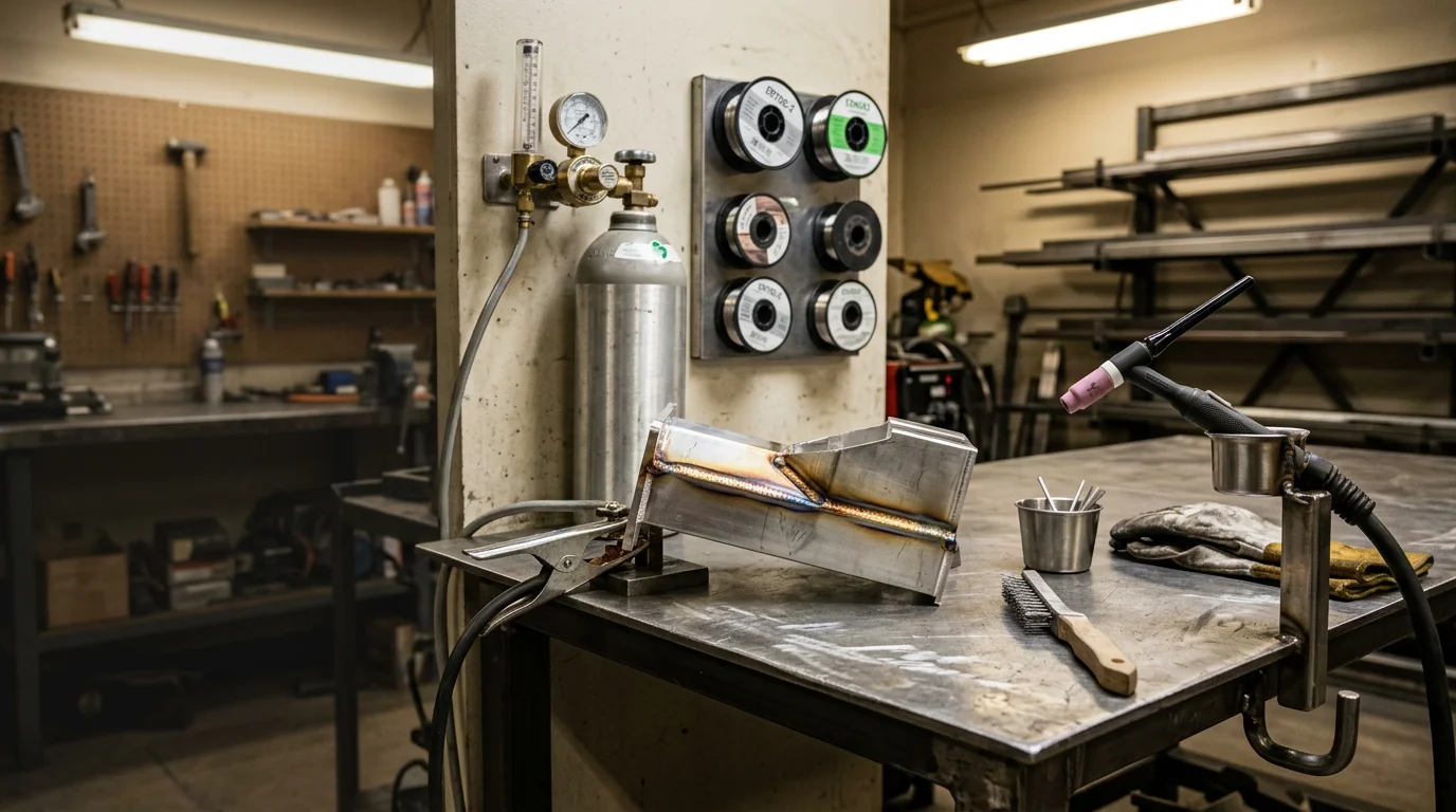A TIG welder producing a clean, precise weld bead on an aluminum component in a Michigan fabrication shop setting. The finished weld shows a smooth, spatter-free seam suited for both structural and visible applications.